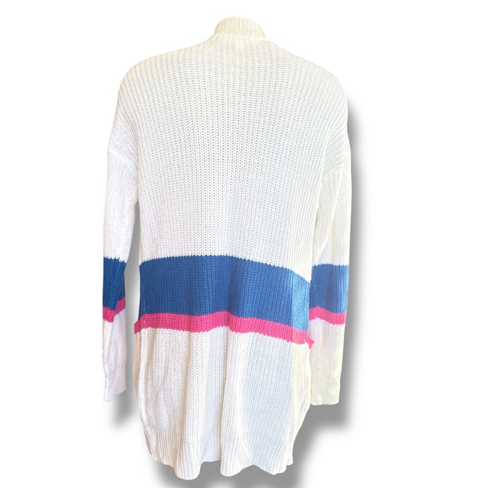 Women's Ultra Flirt White Blue Pink Striped Knit Cardigan S - Picture 3 of 4